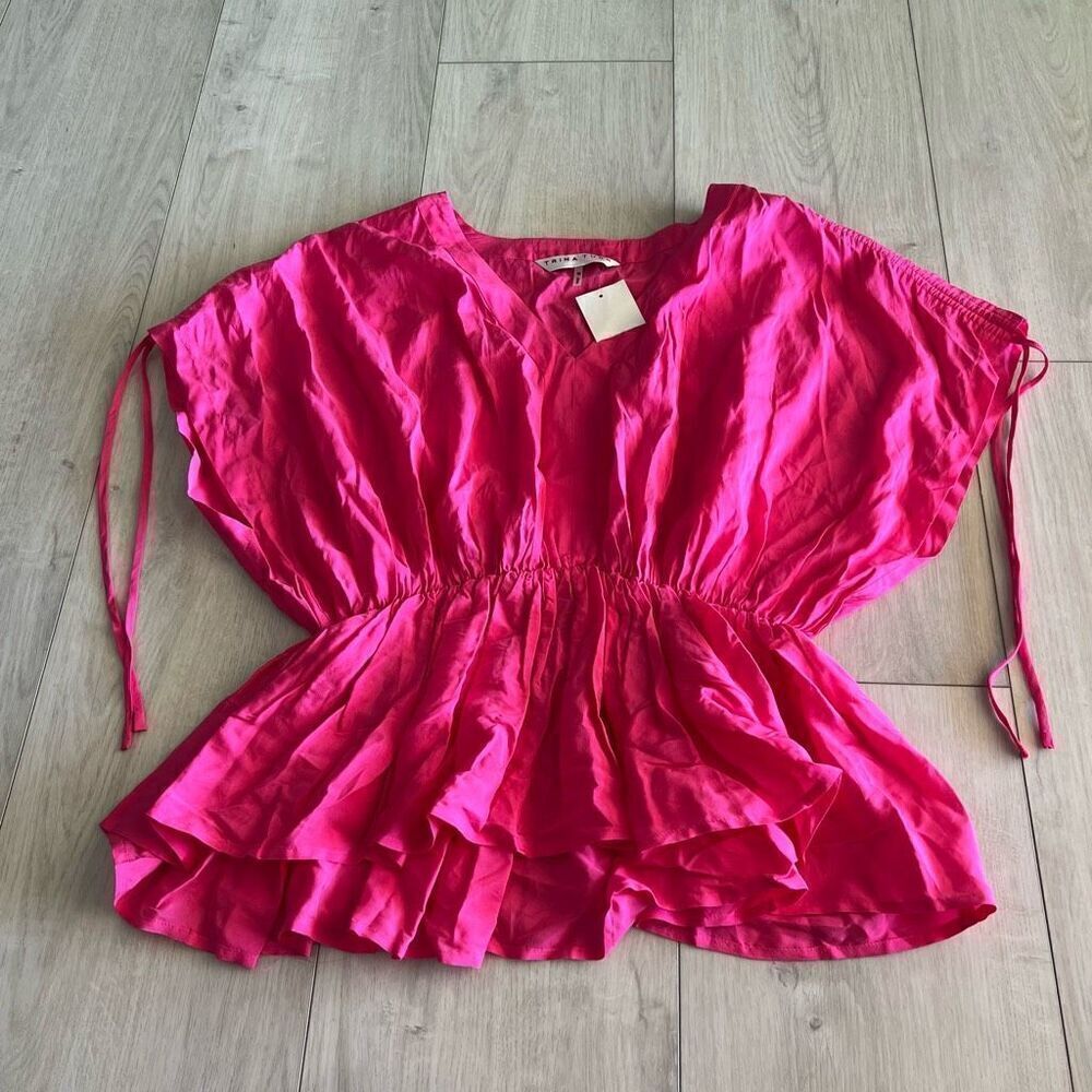 Trina Turk 'Floral' V-Neck Drawstring-Shoulder Top, Azalea size M